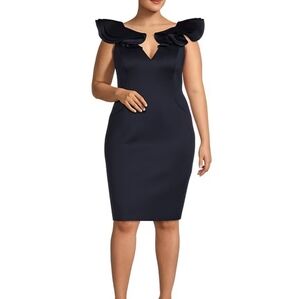 Eliza j  Size 8 Scuba V-Neck Ruffle Cap Sleeve Sheath Dress in navy